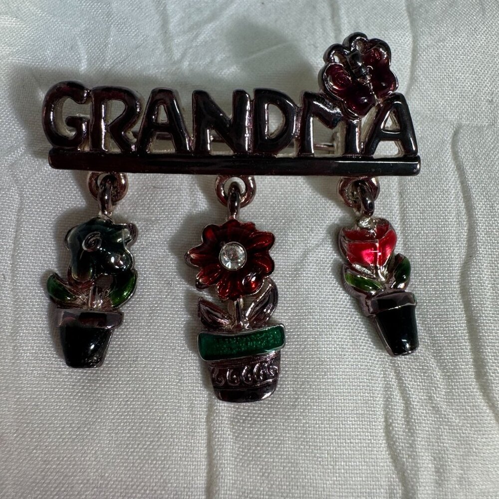 Vintage Grandma Flower Charm Pin Brooch With Dangling Pots & Rhinestone Accents